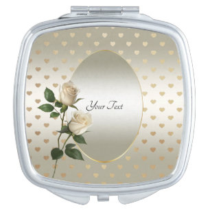 White Roses Gold Hearts Compact Mirror