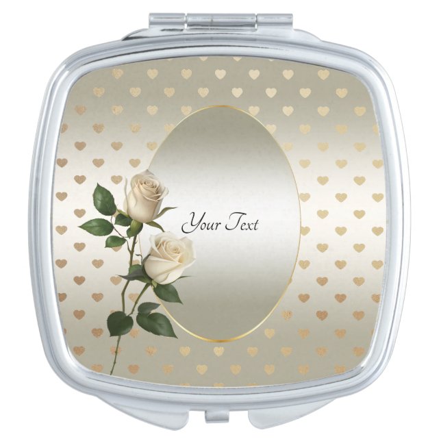 White Roses Gold Hearts Compact Mirror (Front)