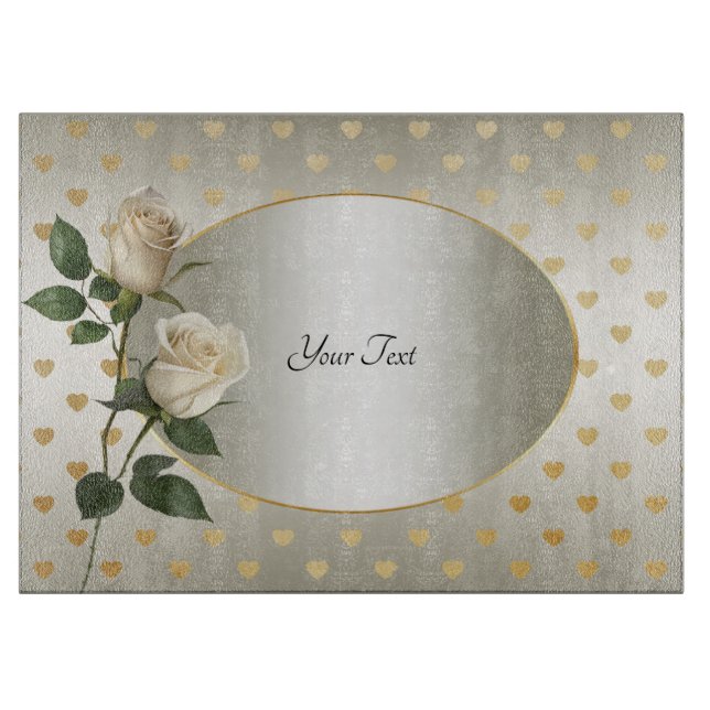 White Roses Gold Hearts Cutting Board (Front)