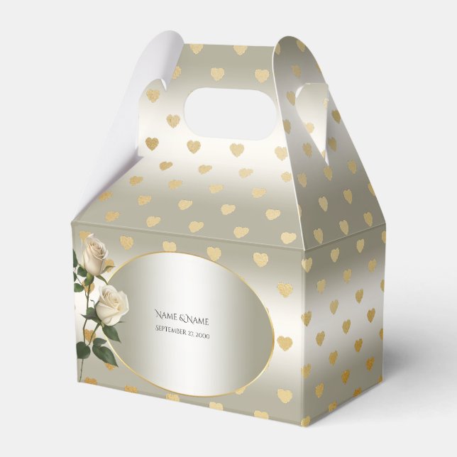 White Roses Gold Hearts Favor Box (Front Side)