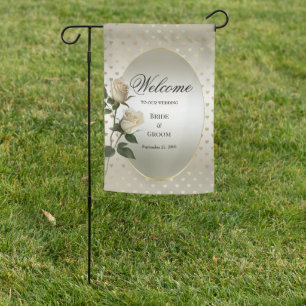 White Roses Gold Hearts Garden Flag