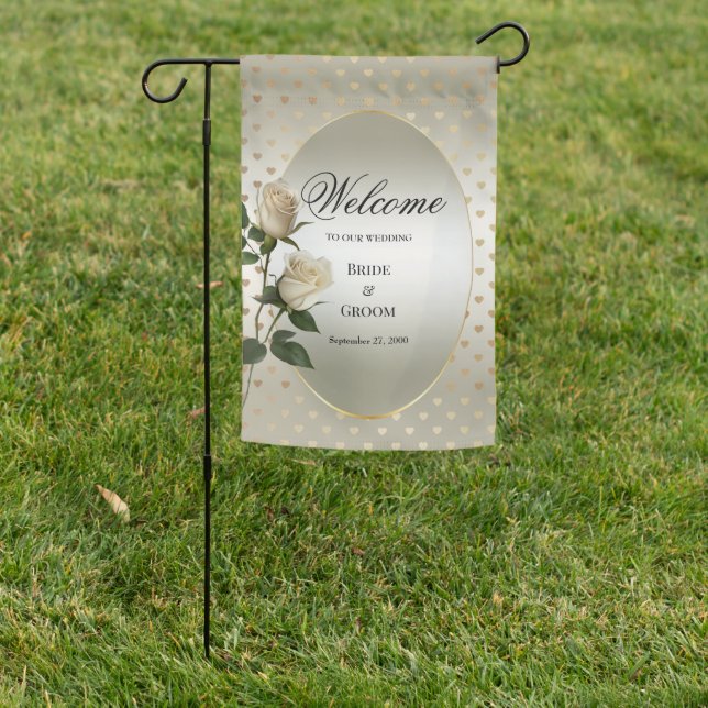 White Roses Gold Hearts Garden Flag (In SItu)