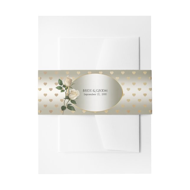 White Roses Gold Hearts Invitation Belly Band (Front Example)