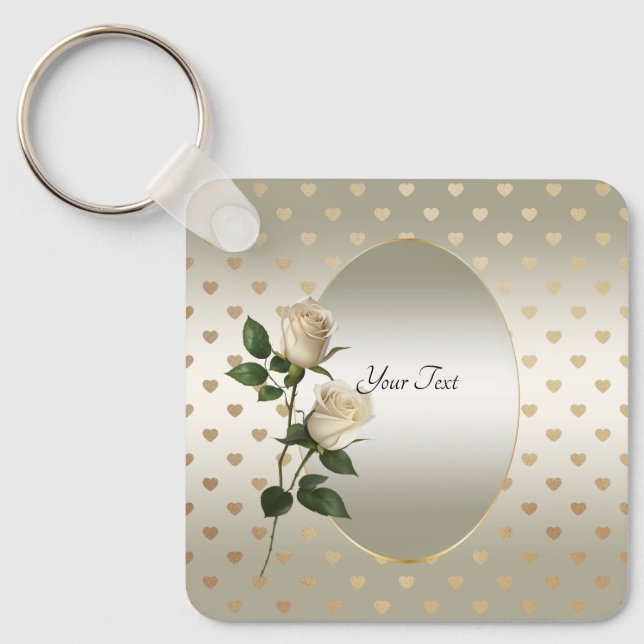 White Roses Gold Hearts Keychain (Front)