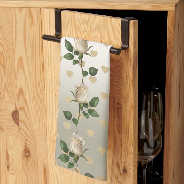 White Roses Gold Hearts Kitchen Towels (Thirds Fold)