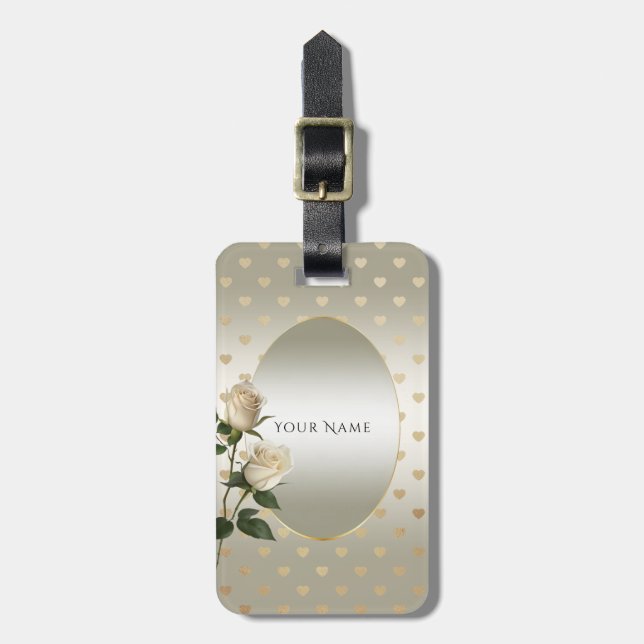 White Roses Gold Hearts Luggage Tag (Front Vertical)