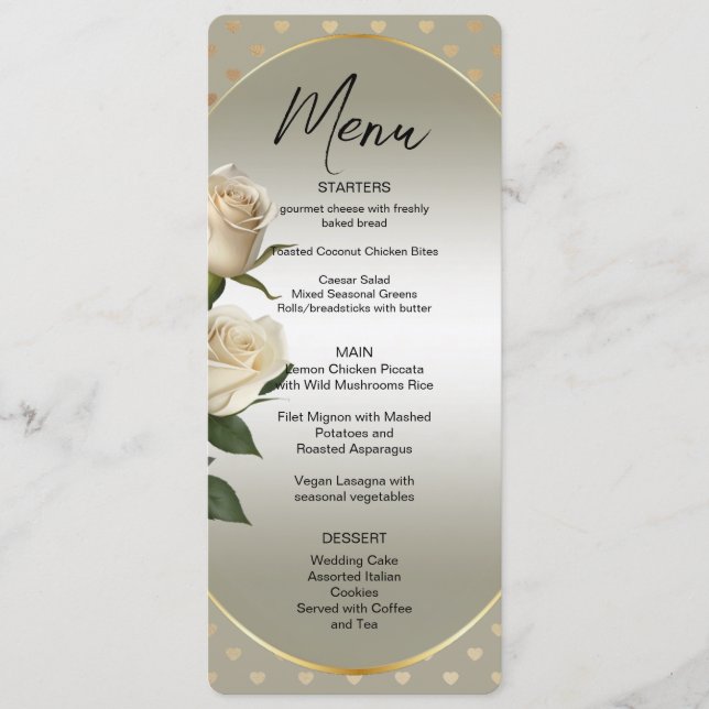 White Roses Gold Hearts Menu (Front)