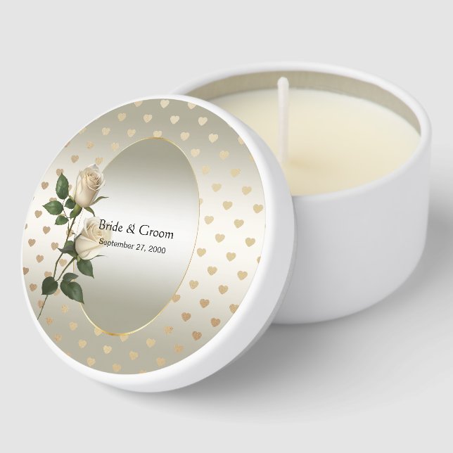 White Roses Gold Hearts Mini Candle Favors (Corner)