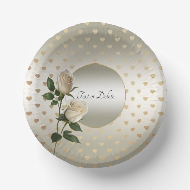 White Roses Gold Hearts Paper Bowls (Front)