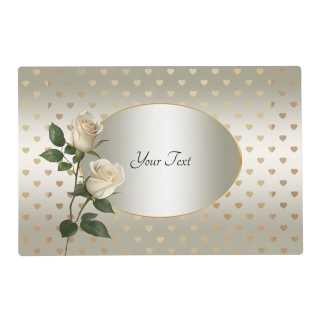 White Roses Gold Hearts Paper Placemat (Front)