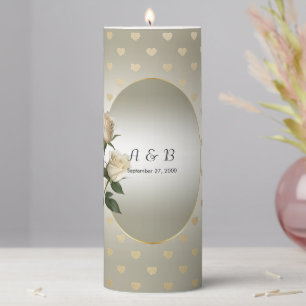 White Roses Gold Hearts Pillar Candle