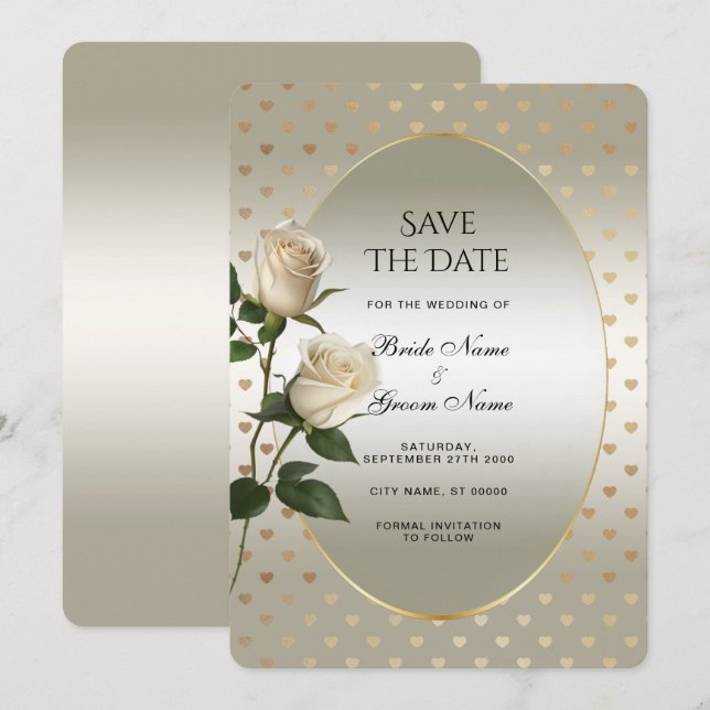 White Roses Gold Hearts Save The Date (Front/Back)