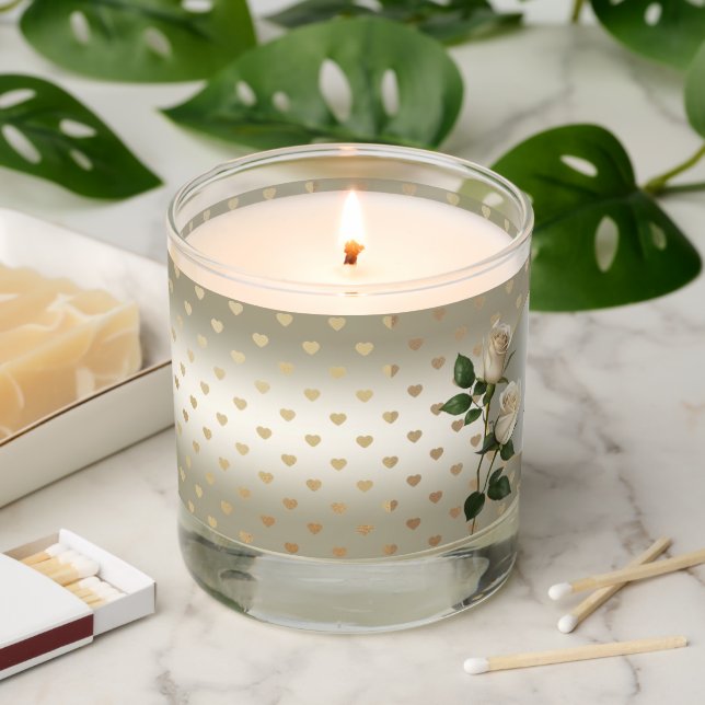 White Roses Gold Hearts Scented Jar Candle (Lit)