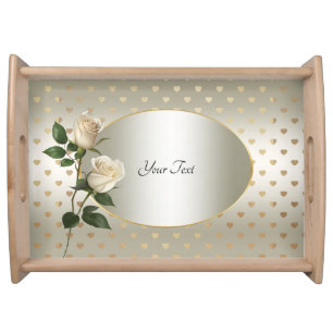 White Roses Gold Hearts Serving Tray