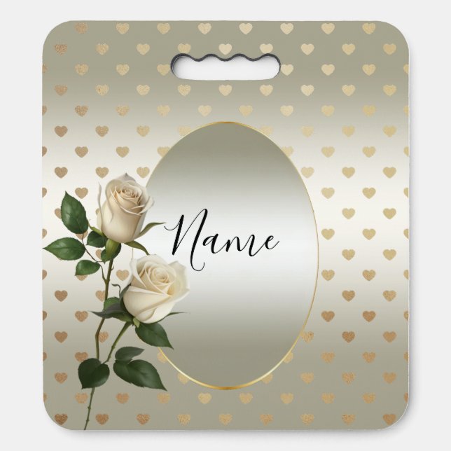 White Roses Gold Hearts Stadium Seat Cushion (Front Vertical)