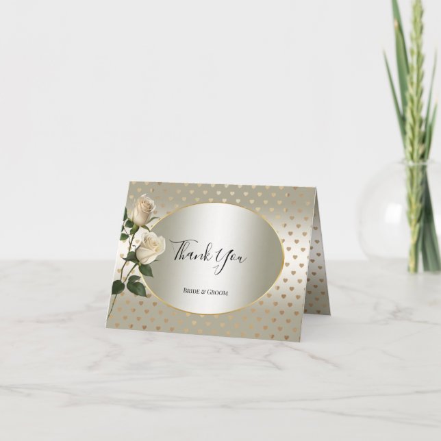 White Roses Gold Hearts Thank You Card (Front)