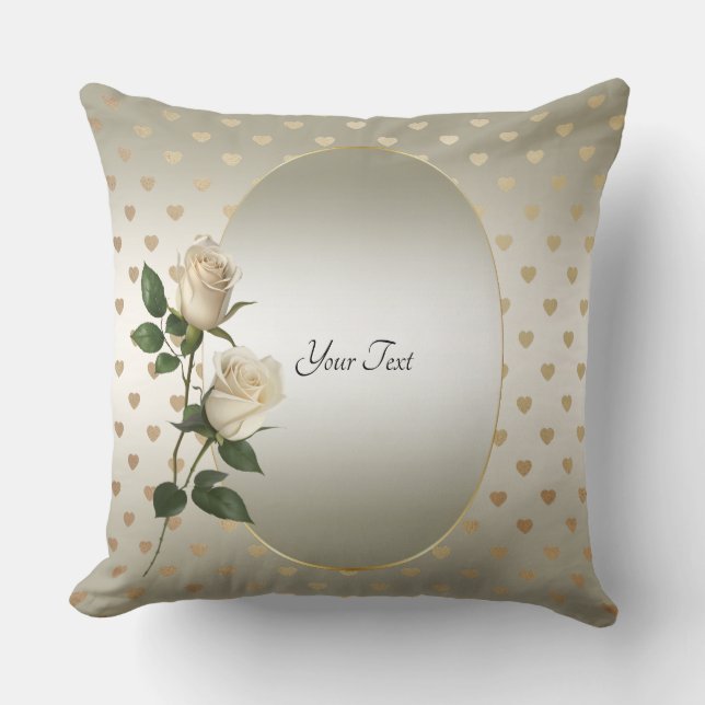 White Roses Gold Hearts Throw Pillow (Front)