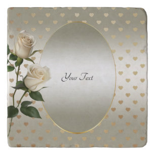 White Roses Gold Hearts Trivet
