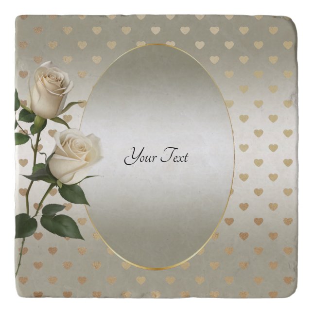White Roses Gold Hearts Trivet (Front)