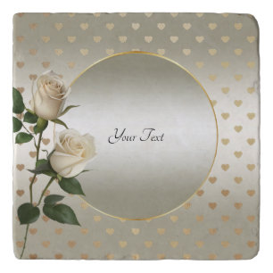 White Roses Gold Hearts Trivet