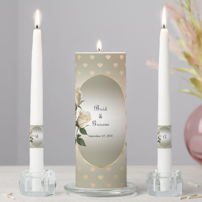 White Roses Gold Hearts Unity Candle Set (In Situ)