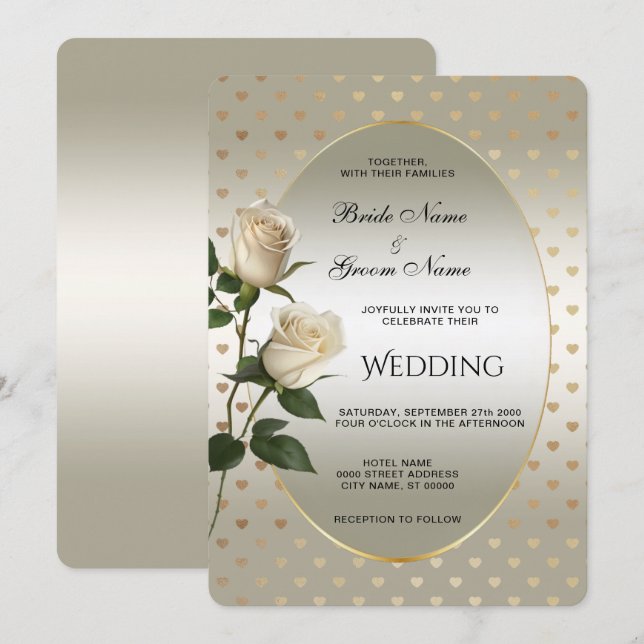 White Roses Gold Hearts Wedding Invitation (Front/Back)