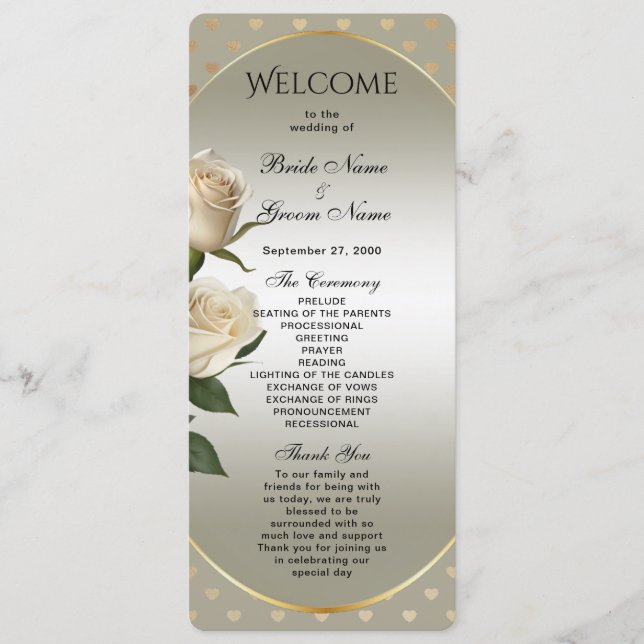 White Roses Gold Hearts Wedding Program (Front)