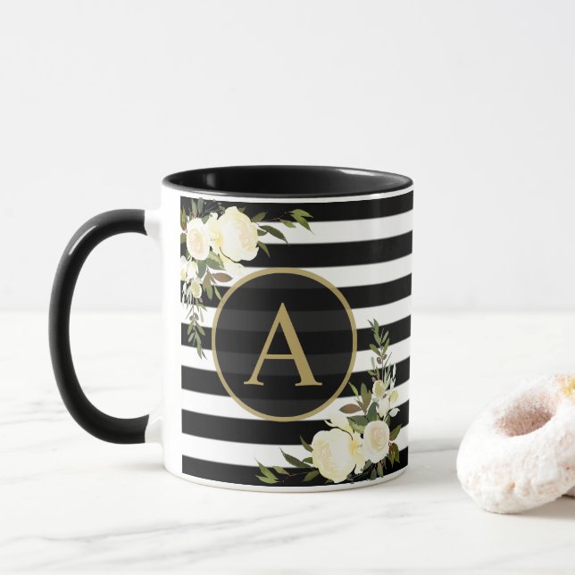 WHITE ROSES Gold Monogram Black White Striped Mug (With Donut)