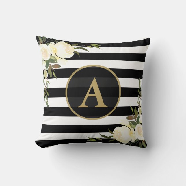 WHITE ROSES Gold Monogram Black White Striped Throw Pillow (Front)