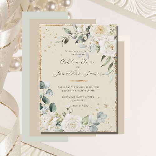 White Roses Gold Neutral Elegant Wedding Invitation