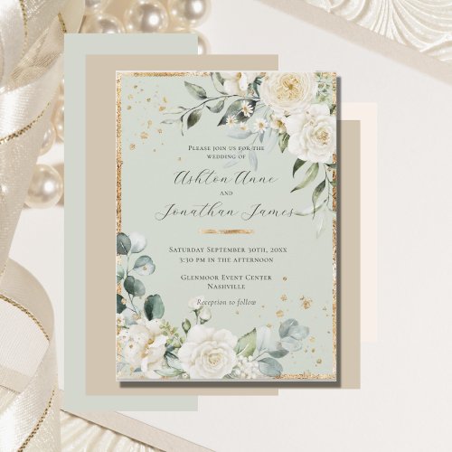 White Roses Gold Sage Green Elegant Wedding Invitation