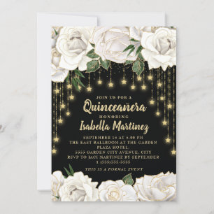 White Roses Gold String Light Star Quinceañera Invitation
