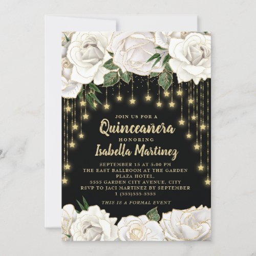 White Roses Gold String Light Star Quinceaera  Invitation