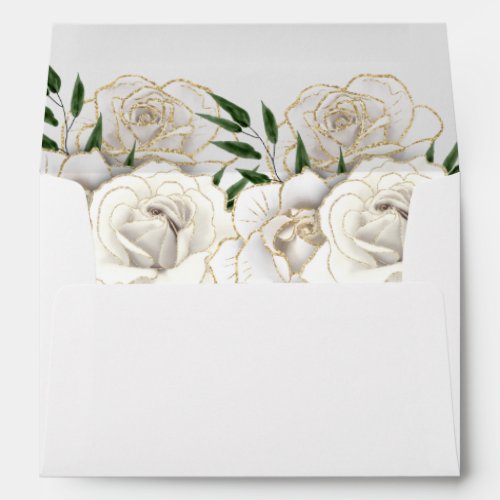 White Roses Gold Trim Elegant Formal Wedding Envelope