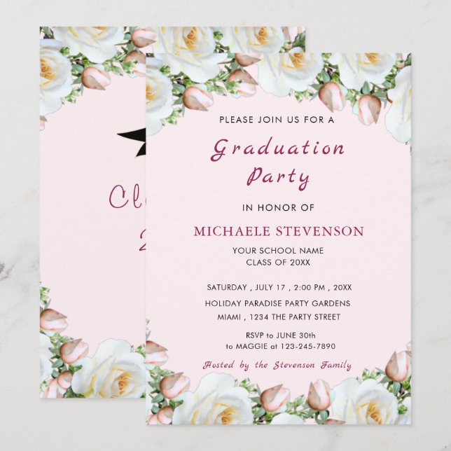 White Roses Graduation Invitation Template (Front/Back)