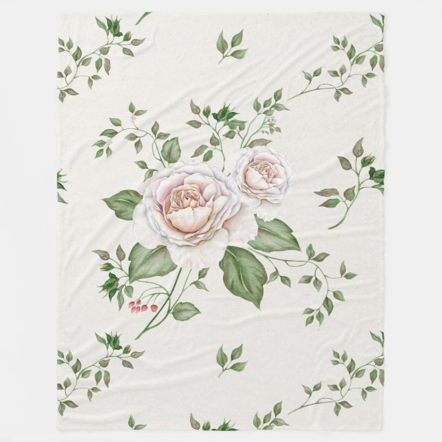 White Roses Green Leafs Fleece Blanket (Front)
