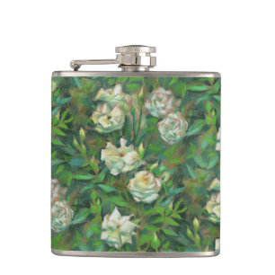 "White roses, green leaves", beautiful flowers Flask