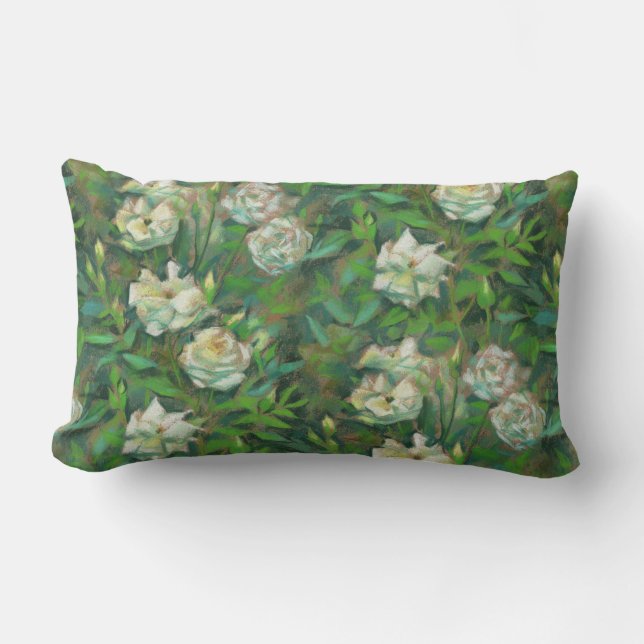 "White roses, green leaves", beautiful flowers Lumbar Pillow (Front)