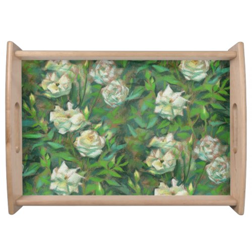 White roses green leaves beautiful flowers Serving Tray