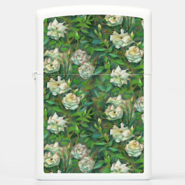 "White roses, green leaves", beautiful flowers Zippo Lighter (Front)