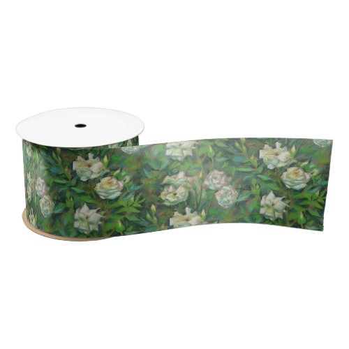 White roses green leaves botanical pattern Satin Ribbon