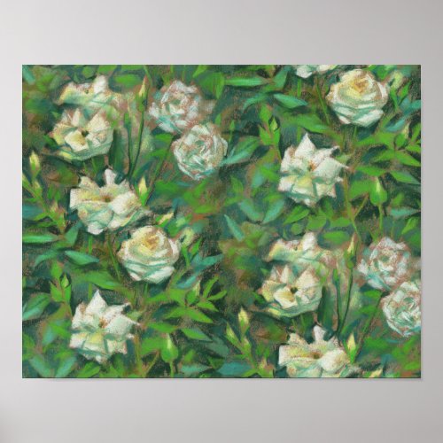 White Roses Green Leaves Flowers Floral Painting Poster