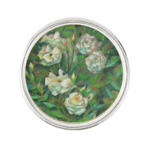 White roses, green leaves, nostalgic floral print pin