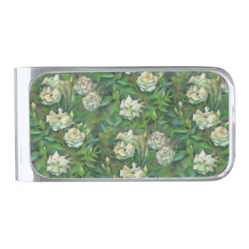 White roses green leaves nostalgic floral print silver finish money clip