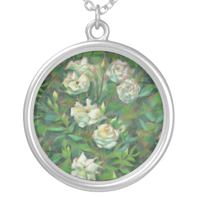 White roses, green leaves, nostalgic floral print silver plated necklace (Front)