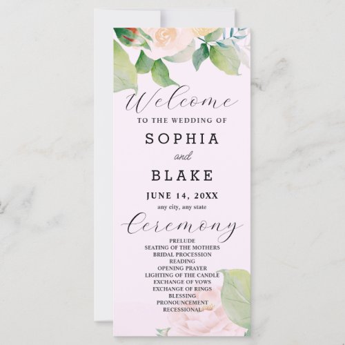 White Roses Green Leaves Pink Wedding Program