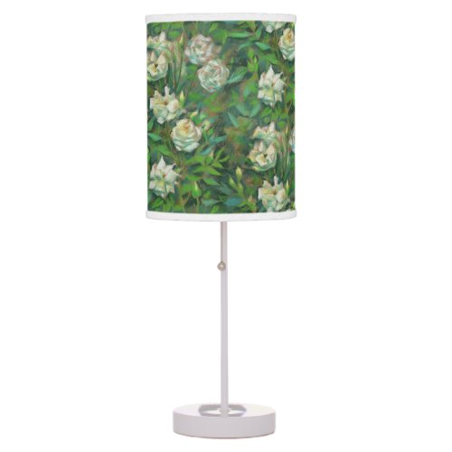 White roses green leaves realistic floral print table lamp