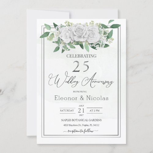 White Roses Greenery 25th Wedding Anniversary Invitation