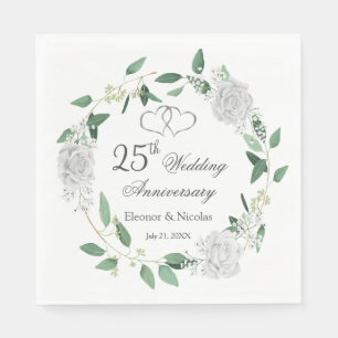 White Roses Greenery 25th Wedding Anniversary Napkins