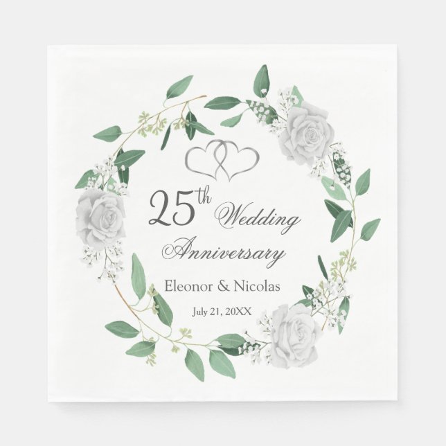 White Roses Greenery 25th Wedding Anniversary Napkins (Front)
